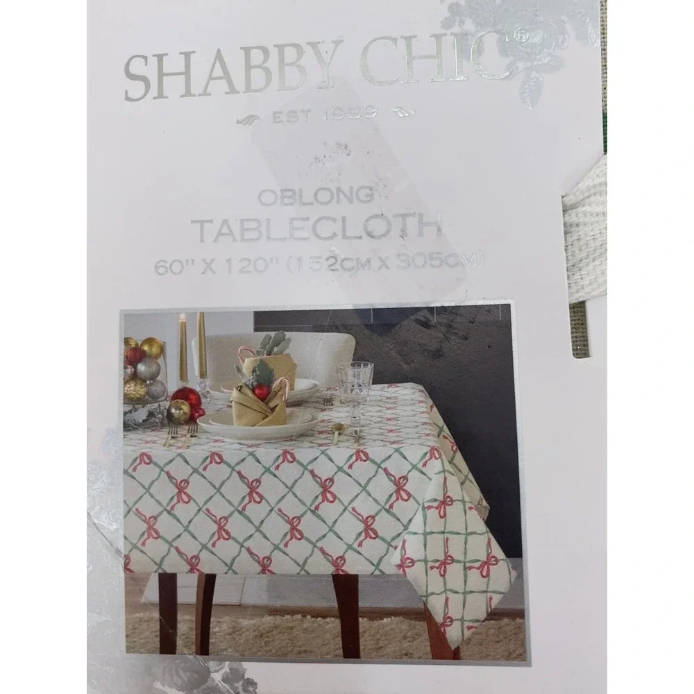 Shabby Chic Tablecloth 60x120 Cream Christmas Red Bow Green Lattice Holiday